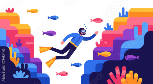 Underwater Explorer: A Vibrant Vector Illustration Depicting Marine Life and Deep Sea Diving
