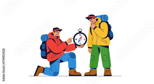 Two Hikers Contemplate Route Using Compass Against A Black Background Illustration