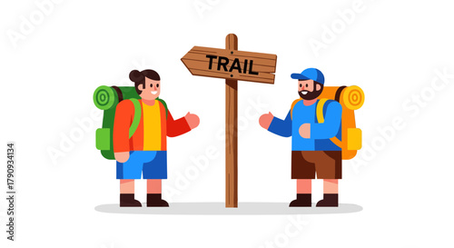 Two Hikers Decide Together Which Way To Go On Trail For Adventure With Sign