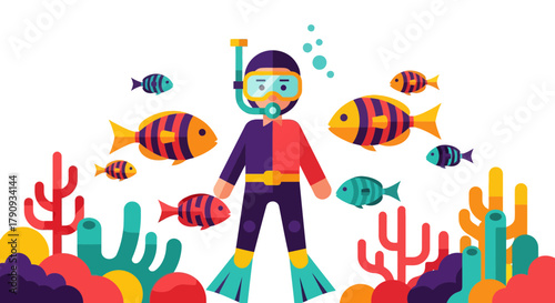 Underwater Explorer: Colorful Diver Surrounded by Playful Fish in a Striking Black Background