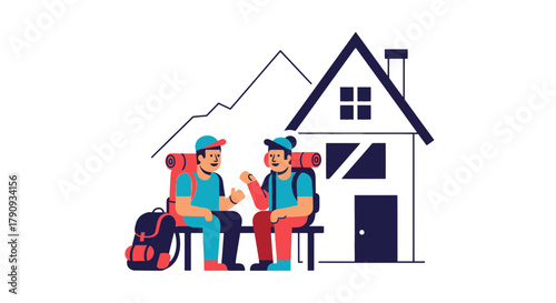 Two Hikers Discussing Adventure Plans Before A Cabin In The Mountainous Wilderness