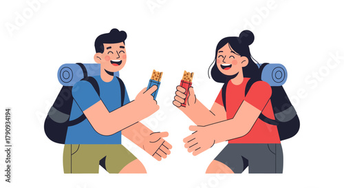 Two Hikers Enjoying Energy Bars While Taking a Break During a Mountain Trek