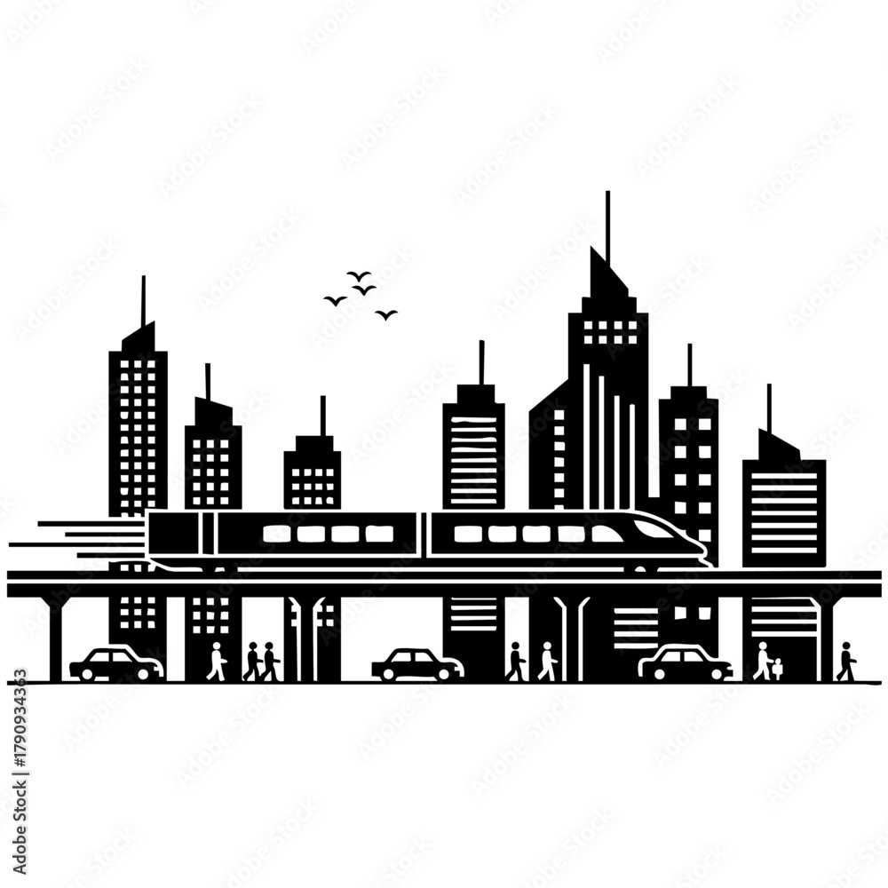 Obraz premium Monochrome Minimal Flat Design Icon of High Speed Rail Passing Through Metropolitan Cityscape