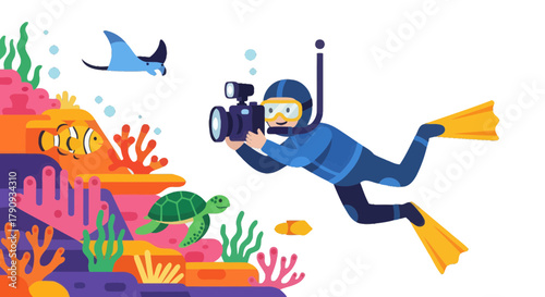 Underwater Photographer Captures Marine Life and Coral Reefs Vector Art Illustration
