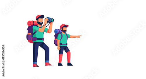 Two Hikers Exploring Nature With Backpacks And Binoculars On A Dramatic Adventure