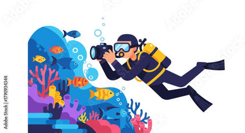 Underwater Photographer Capturing Marine Life: A Vibrant Digital Illustration Showcasing Exploration