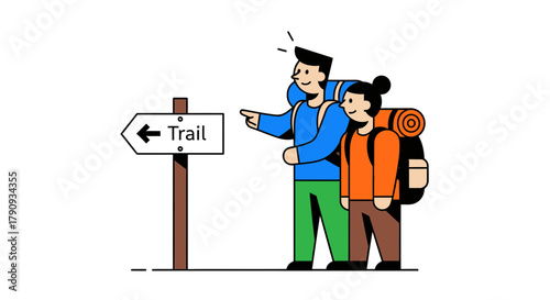 Two Hikers Following Trail Sign Exploring Nature's Beauty, Adventure Begins