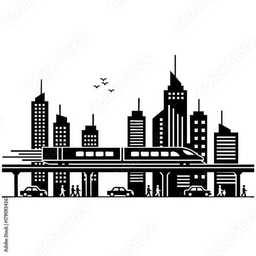 Monochrome Minimal Flat Design Icon of High Speed Rail Passing Through Metropolitan Cityscape