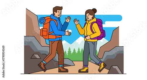 Two Hikers Greeting Each Other on A Mountain Trail Exploring the Outdoors Together