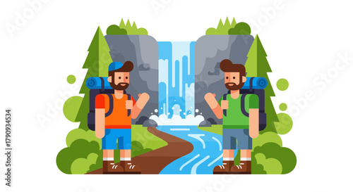 Two Hikers Standing Near a Majestic Waterfall with Lush Greenery Illustration