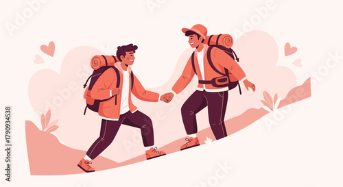Two Hikers Supporting Each Other on a Mountain Ascend Adventure Illustration