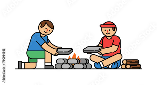 Two Individuals Cook Food Over a Campfire With Vector Illustration Style