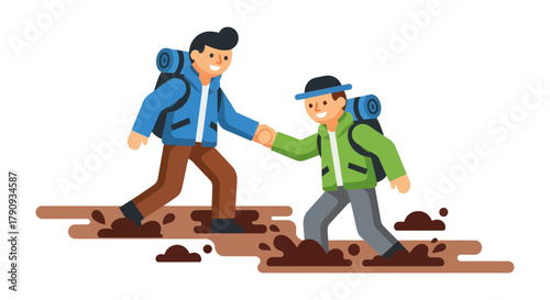 Uplifting Illustration Depicting Two Backpackers Navigating Obstacles and Offering Assistance