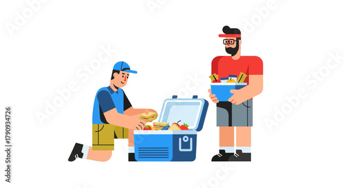 Two Men Prepare Picnic Lunch With Sandwiches And Fresh Fruits In A Bright Cooler