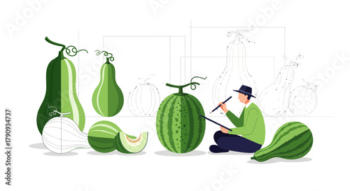 Vegetable Artist Illustrating Fresh Fruits and Vegetables with Geometric Outlines