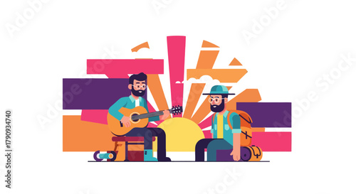 Two Men Singing and Listening to Music Around a Campfire, Nature, Travel, Sunset