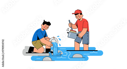Two Men Washing Dishes and Cleaning in the Water with a Black Background