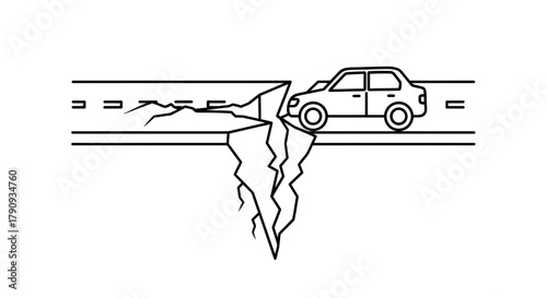 Vehicle Approaching Road Collapse Depicting Danger and Potential Hazard Ahead