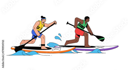Two Paddlers Compete On Waterboards, Representing Sport And Outdoor Aquatic Activities