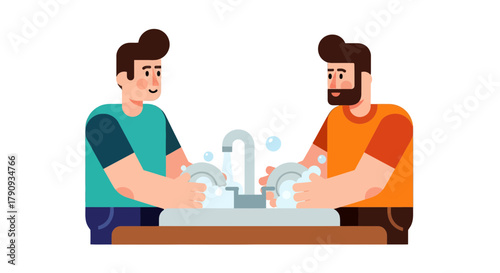 Two Men Washing Dishes Together In The Kitchen, Domestic Chores And Unity Done
