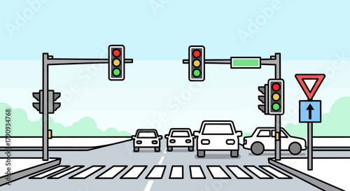 Vehicular Traffic Approaching Intersection With Signals, Crosswalks And Yield Sign Present