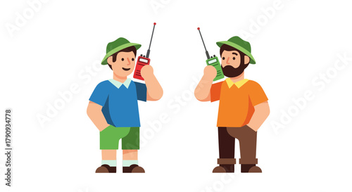 Two Outdoor Enthusiasts Communicate Via Radios On A Dark Abstract Background