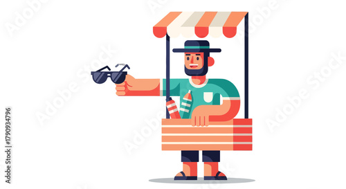 Vendor Offering Sunglasses Stands Ready to Serve Customers in a Stylish Cart on Black Background