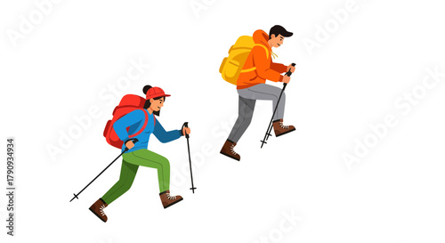 Two People Hiking A Mountain Illustratively With Black Backdrop And Vivid Colors