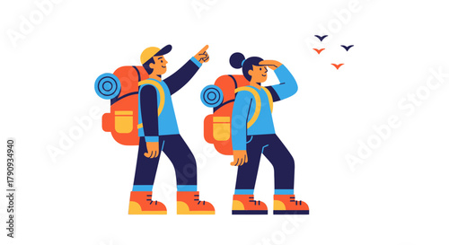 Two People Hiking Explore Together The Wilderness, And Identify The Path Ahead