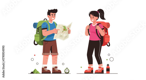 Two People Hiking on a Trail Enjoying Nature and Using a Map to Find the Right Path