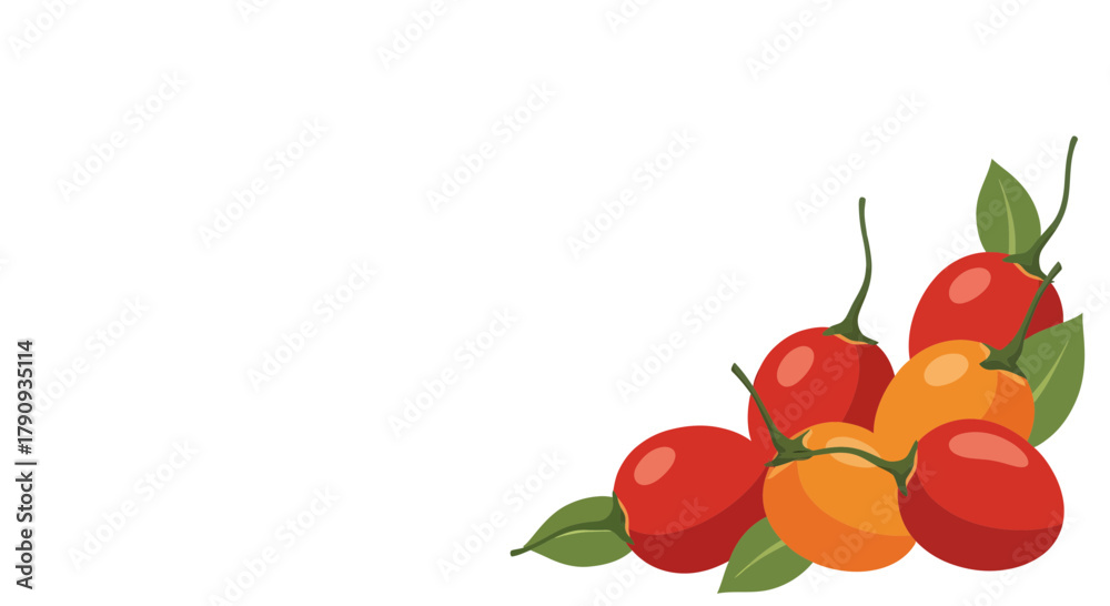 Obraz premium Vibrant Arrangement Of Fresh Tamarillos And Leaves on Plain White Background