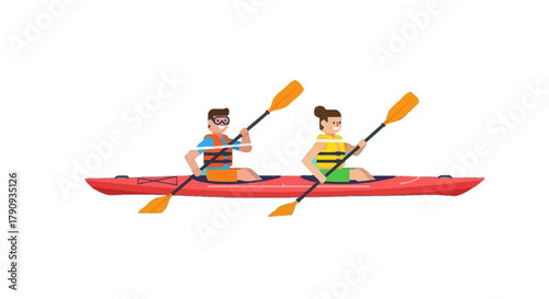 Two People Kayaking Together During Outdoor Activity Isolated On Black Background