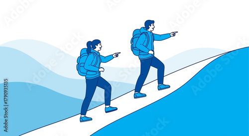 Two People Hiking Upward Pointing to the Sky, Adventure Lifestyle, Mountain Climbing