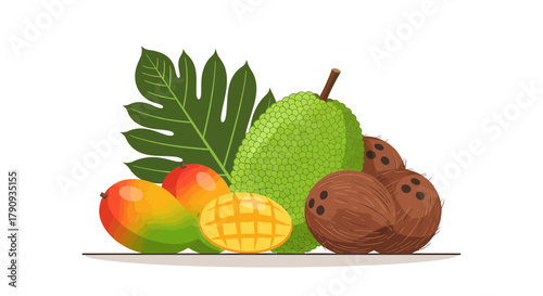 Vibrant Arrangement of Tropical Fruits Featuring Coconuts, Mangoes and Jackfruit