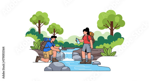 Two People Refreshing Water at a Stream While Backpacking Through the Wilderness