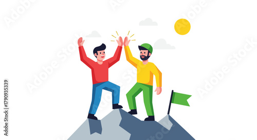 Two Victorious Individuals Celebrate Success After Conquering a Challenging Mountain
