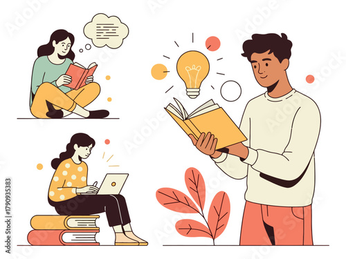 People engaged in learning and creative thinking through reading and using technology