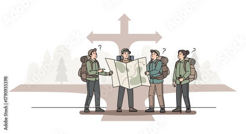 Uncertain Explorers Contemplate Route, Destination And Charted Pathway For Adventure