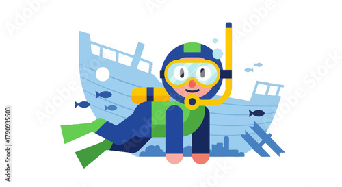 Underwater Diver Beside A Wreckage Searching For Hidden Treasures In The Deep Ocean