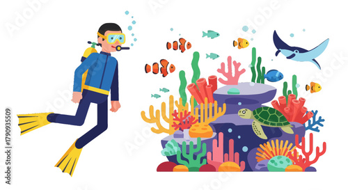 Vibrant Diver Exploring Undersea World With Coral Reefs And Various Marine Life