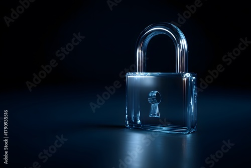 Elegant Crystal Padlock Security Concept for Data Protection and Digital Safety with Reflective Surface on Dark Background