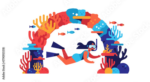Vibrant Diver Exploring Undersea Realm Within Colorful Coral Arrangement Illustration