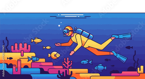 Underwater Diver Swimming Near Aquarium Reef With Tropical Fish  Explore the Sea