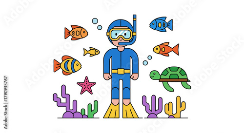 Underwater Exploration: A Colorful Illustration of Scuba Diving and Marine Life