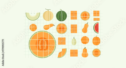 Vibrant Geometric Melons Composition Showcasing Variety of Fresh Summer Fruit Displays