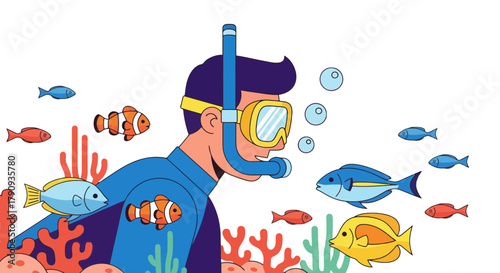 Underwater Exploration: A Colorful Illustration of Scuba Diving and Marine Life