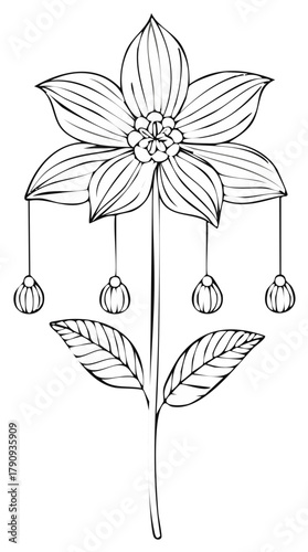 Elegant Flower Line Art with Decorative Hangings, Petals and Leaves, Botanical Illustration