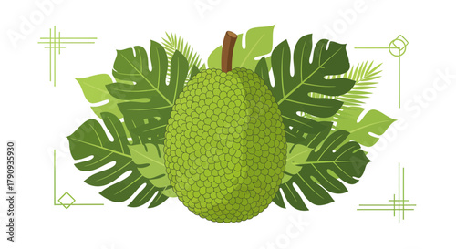 Vibrant Green Jackfruit Surrounded By Monstera Leaves Against A Clean White Backdrop