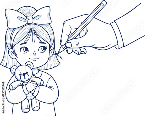 Charming sketch a hand drawing a cute girl with a teddy bear on graph paper, capturing a moment of creativity and childhood innocence