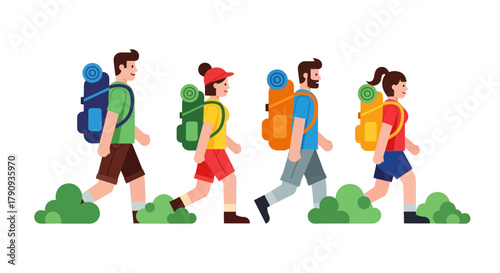 Vibrant Hiking Team: Illustrative Depiction Of Walkers with Backpacks and Bushes